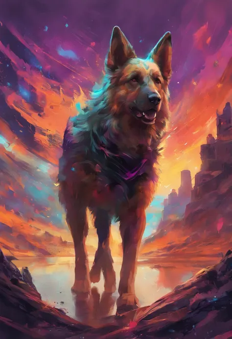 (best quality,8k,highres,masterpiece:1.2),detailed,complex,realistic,sharp focus,Texas Shepherd dog,bold ink splash art, mesmerizing,art station,vivid colors,contour,epic Instagram,unreal engine, dreamlike,complex details,launch screen,complementary colors...