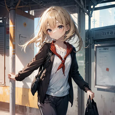 god quality,  anime moe artstyle,best anime 8k konachan wallpaper,badass anime 16k,perfect anatomy, (Please draw a girl walking sleepily to school. :1.3),break, 1girl, (Solo,Loli,child,13-year-old:1.5),a junior high school student, androgynous charm, (Very...