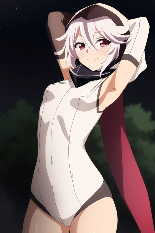 SHYHero, solo, 8k, masterpiece, absurdres, anime, {arms behind head}, contrapposto, spread armpit, nervous smile, blush, forest, night, cowboy shot,