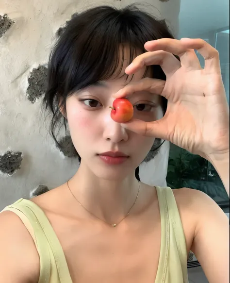 there is a woman holding a piece of fruit in front of her eyes, Sha Xi, Kim Doyoung, olhos vermelhos e um rosto magro, Heonhwa Choe, Ulzzang, Kiko Mizuhara, Lulu Chen, Jinyoung Canela, with apple, Gongbi, Directed by: Ayami Kojima, louise zhang, TaeJune Ki...