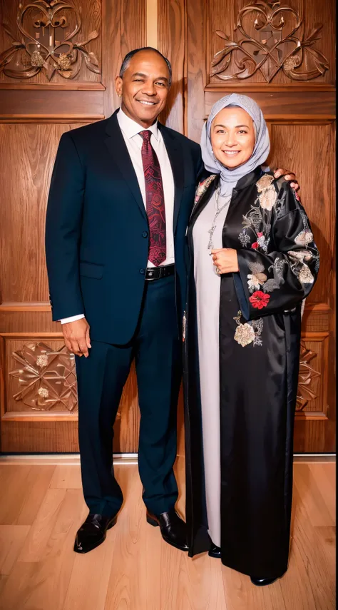 Smiling, 50 years old man, wearing a black suit with a a blue tie, decorated with red flowers, wearing a brown belt and a brown shoes standing beside his 40 years, old wife, hijab, wearing a silver and black dress and wearing diamond jewelry Both standing ...