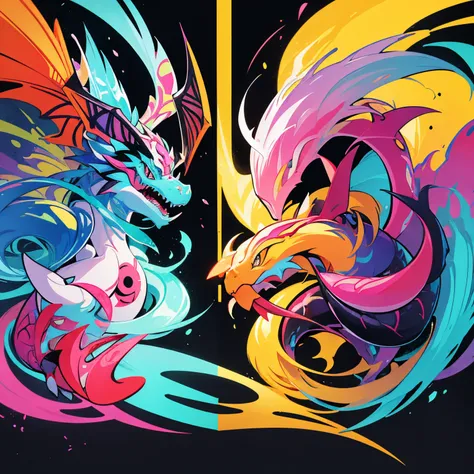 an image of a colorful dragonwith different cartoon stickers on it, in the styleof qiu shengxian, bright colors, bold shapes, darkwhite and light magenta, graffiti-like lettering,charming character illustrations, rough-edged 2danimation, carnivalcore