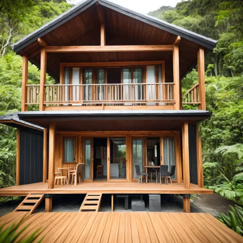 a hut wooden small house, resort style, teak roof (panel), has a balcony, parents and children eat food, drink coffee, have a stove to boil water, steam rises, the atmosphere is a hot rainforest, shady, black cloth, various types of orchids, a bicycle .a c...