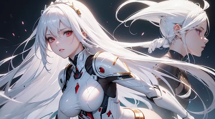 ((masterpiece:1.4, best quality:1.2)), 1girl, solo focus, tall female, delicate face, stern expression, extremely detailed anime face and eyes, beautiful white armor, hourglass figure, white hair, gradient hair, very long hair, red eyes, glowing eyes, cybe...