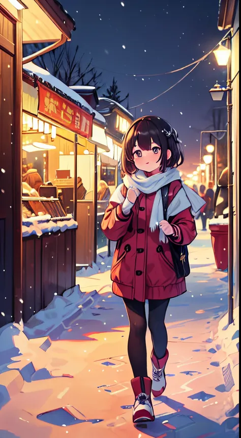 (best quality,4k,8k,highres,masterpiece:1.2),ultra-detailed,realistic,night market,snowing,city,pedestrian walkway,snow,illuminated,nighttime,vibrant,bokeh,light trails