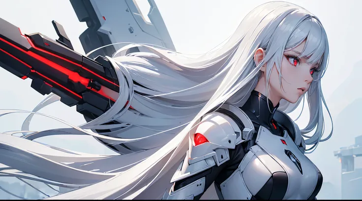 ((masterpiece:1.4, best quality:1.2)), 1girl, solo focus, tall female, delicate face, stern expression, extremely detailed anime face and eyes, beautiful white armor, hourglass figure, white hair, gradient hair, very long hair, red eyes, glowing eyes, cybe...