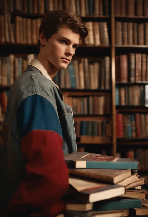 A photo of Nathan at a vintage book store, angrily flipping through a stack of books,Life is Strange video game series,Nathan is a teenage boy with blue eyes, slicked back light brown hair, light freckles, wears a red letterman jacket, mean expression