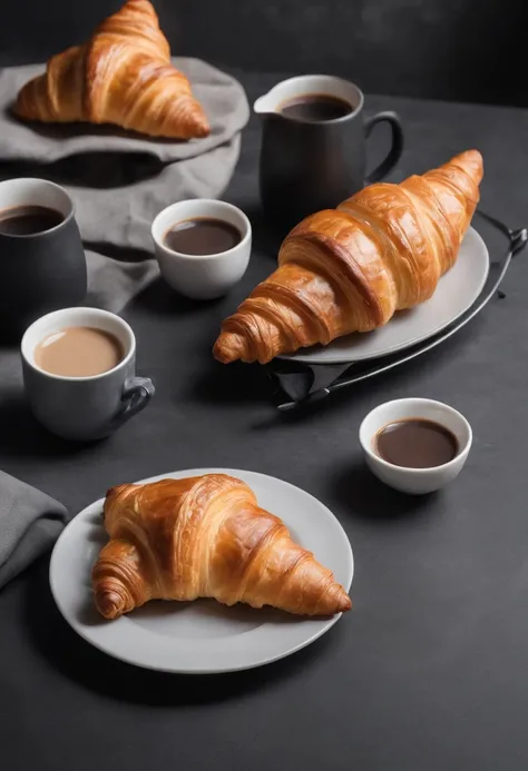 indoor dining table，Delicious croissants，coffee