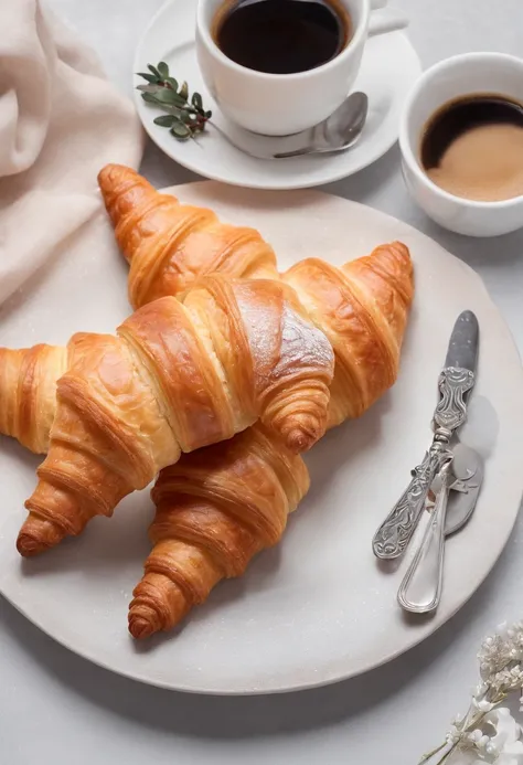 indoor dining table，Delicious croissants，coffee