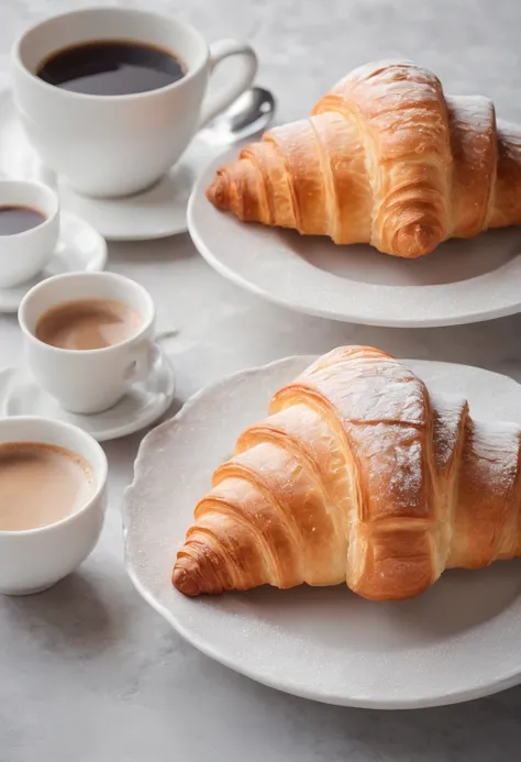 indoor dining table，Delicious croissants，coffee