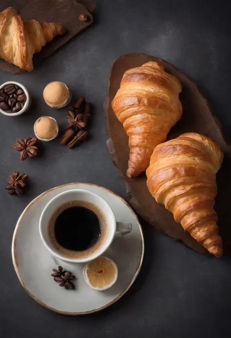 indoor dining table，Delicious croissants，coffee