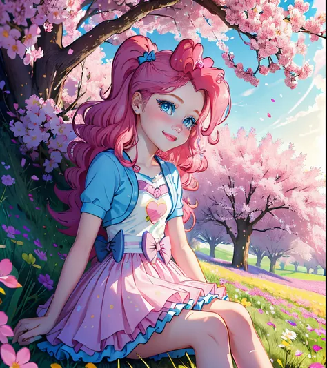 My little pony pinkie pie, pinkie pie, pinkie pie in the form of a girl, long dark pink hair, blue eyes, long pink and blue frilly dress, white frilly thigh high, small pink heels, blue sky, pink clouds, ((sitting in a pink and blue flower field)), staring...