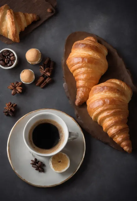 indoor dining table，Delicious croissants，coffee