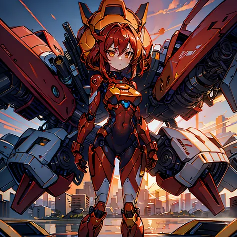 1girl, red hair, medium hair, yellow eyes, robot girl, mecha girl, red metal armor, floating the sky, robot floating, sunset, or...