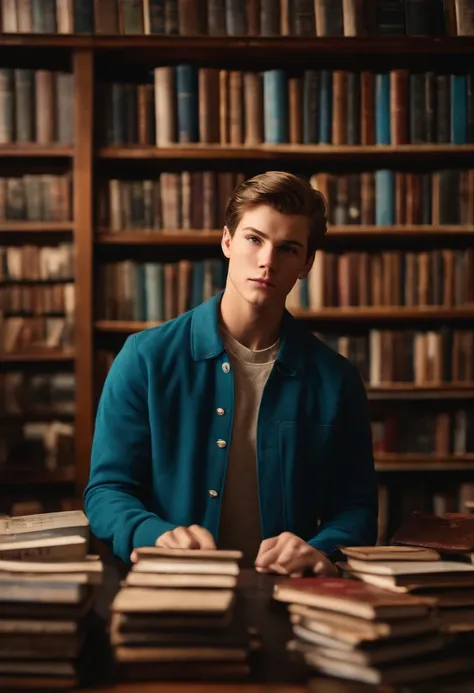 A photo of Nathan at a vintage book store, angrily flipping through a stack of books,Life is Strange video game series,Nathan is a teenage boy with blue eyes, slicked back light brown hair, light freckles, wears a red letterman jacket, mean expression