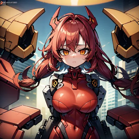 1Girl, red hair, medium hair, yellow eyes, robot girl, mecha girl, red metal armor, floating the sky, robot floating, sunset, orange sky, 4k, masterpiece, HD