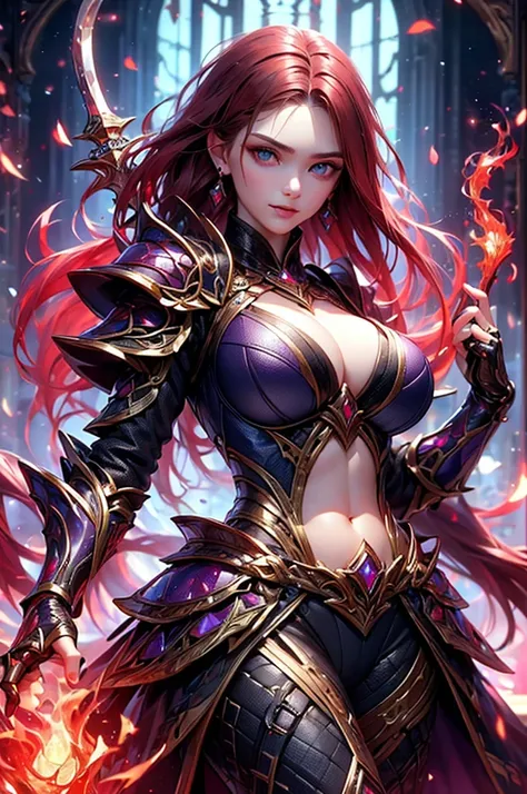 (best quality,4k,highres),redhead warrior women in battle,blue eyes, short hair,red hair (redhead):1.1,purple armor,gold plating,fire magic (magic:1.1),holding sword,purple earrings, smirk, confident, large breast,exposed belly button (sexy),casting spell,...