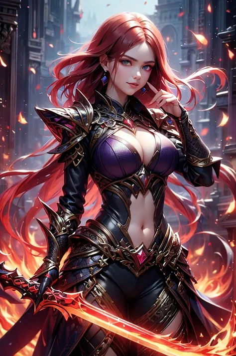 (best quality,4k,highres),redhead warrior women in battle,blue eyes, short hair,red hair (redhead):1.1,purple armor,gold plating,fire magic (magic:1.1),holding sword,purple earrings, smirk, confident, large breast,exposed belly button (sexy),casting spell,...