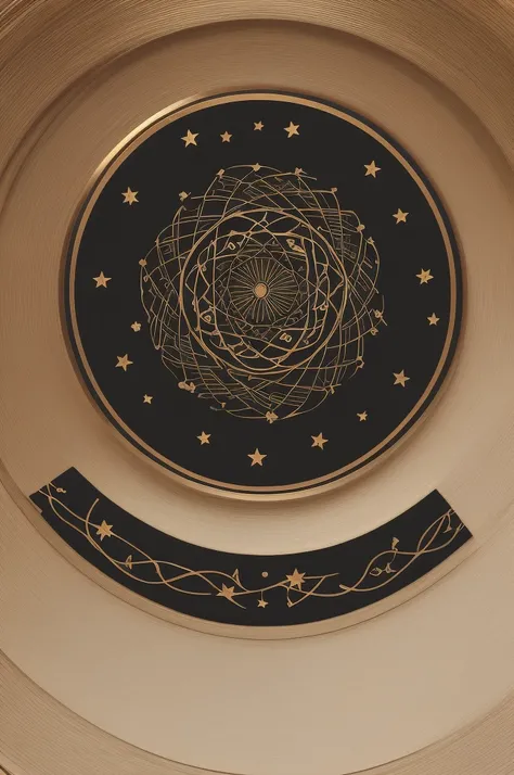 a circular emblem with a graceful, spiraling pattern emanating from the center, adorned with minimalistic depictions of stars or celestial elements along its curves, golden frame