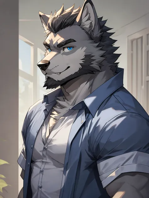 Masterpiece, Solo, Furry Gray Wolf, Gray Fur, Blue Eyes, Gray Short Hair, Gray Facial Hair, Medium Muscular Body, Charming, Smirking,teeth, Handsome, Good Looking, Casual Shirt, Fierce, Head Shot.