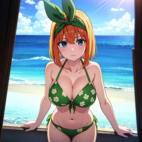 1 girl, alone, yotsuba nakano, bangs, short hair, blue eyes, hair between the eyes, hair ribbon, headband, orange hair, (green ribbon), BREAK navel, bare shoulders, clavicle, swimsuit, bikini, panties with ties, halter neck, light green flower print, bikin...