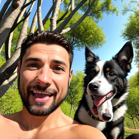 There is a man and a dog who are sitting together, with his hyperactive little dog, selfie of a dog, Homens de 45 anos, with dogs, Homem de 4 0 anos, Selfie!!!!! de um homem, imagem de perfil, selfie de um homem, Foto selfie 8k, Directed by: Aleksander Kot...