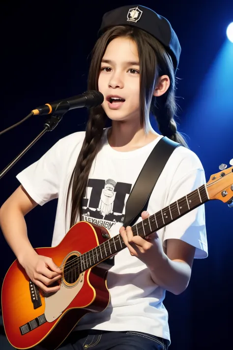 Menino de 14 anos tocando guitarra, with a cap and with long dred hair, com um pincer na boca, pixar