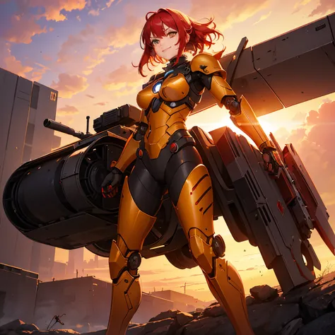 1Girl, red hair, medium hair, yellow eyes, smiling, robot girl, mecha girl, red metal armor, iron wings, holding cyberpunk rifle, robot floating, sunset, orange sky, 4k, masterpiece, HD