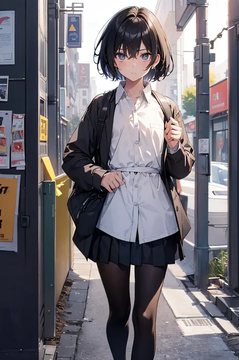 Portrait, Documentary, Photo, A girl is 13-year-old gender-neutral middle school student with short black hair and small chest, walking on the school commute route with a tired expression, Short hair, School uniform, School commute route, High quality, Rea...