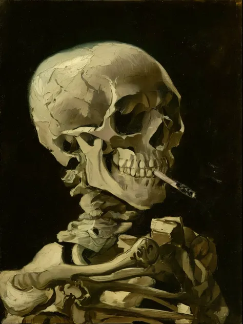 uma pintura de um esqueleto fumando um cigarro em um quarto escuro, um esqueleto fumando um charuto, com um cigarro na boca, esqueletos fumando charutos, cigarro, Esqueleto, ((skull)), caveira, skull, ( ( ( Esqueleto ) ) ), (smoke billowing), esqueleto ana...