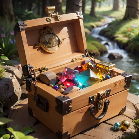 Create a fantasy and magic canary, Treasure chest with precious stones inside, enchanted forest background with stream --auto --s2