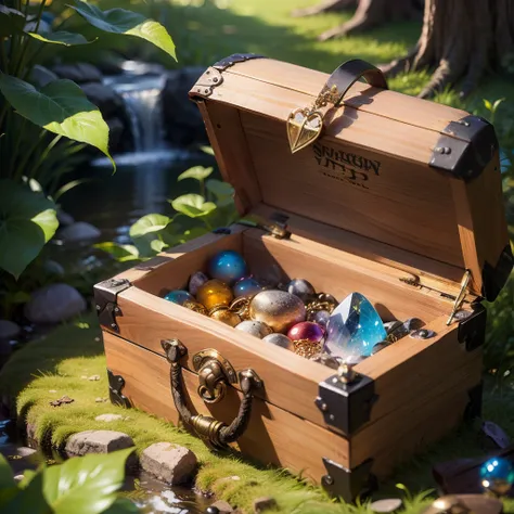 Create a fantasy and magic canary, Treasure chest with precious stones inside, enchanted forest background with stream --auto --s2