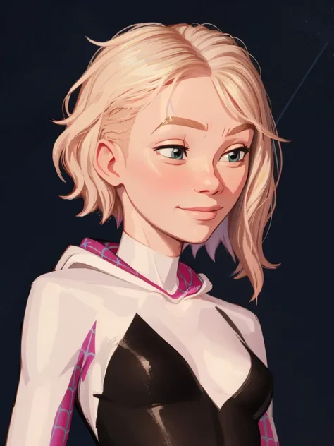 Gwen Stacy as spidergwen, hood, slight smile, night background,  stars