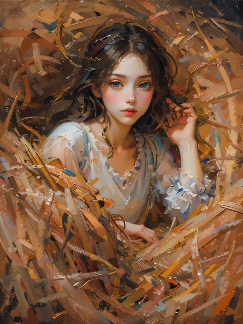 an oil painting，da vinci art style。Beautiful girl in haystack, messy  hair，Guviz style artwork,，Artistic creativity:1.37,Sweet，Wonderful and magical，Exquisite，Natural soft light，Lonely eyes，