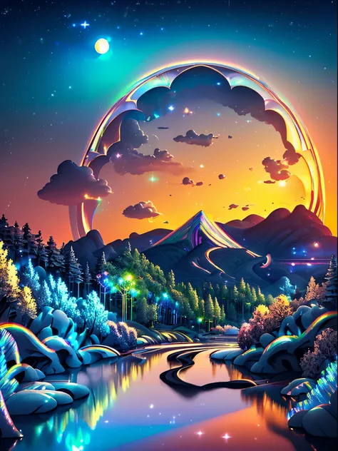 scenery where a waterfall flows into a path with curves, trees on the sides, flowers below the trees, waning moon in the starry sky, most beautiful landscape, perfect photography, psychedelic, strong and vivid colors, {extremely 16k CG unit wallpaper detai...