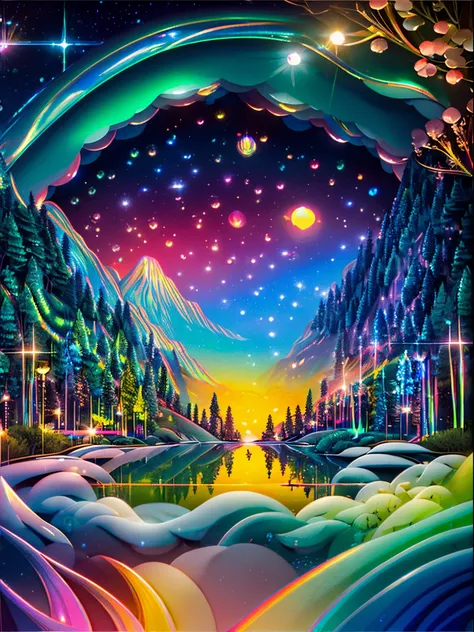 scenery where a waterfall flows into a path with curves, trees on the sides, flowers below the trees, waning moon in the starry sky, most beautiful landscape, perfect photography, psychedelic, strong and vivid colors, {extremely 16k CG unit wallpaper detai...