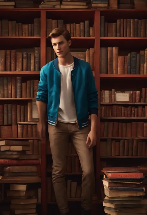 A photo of Nathan at a vintage book store, angrily flipping through a stack of books,Life is Strange video game series,Nathan is a teenage boy with blue eyes, slicked back light brown hair, light freckles, wears a red letterman jacket, mean expression