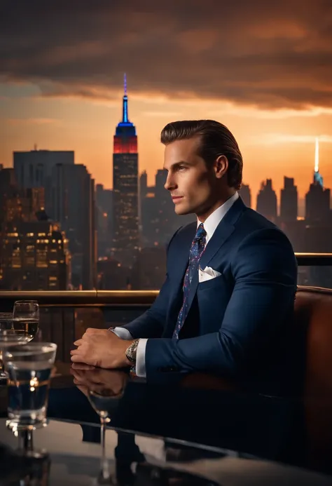 A photo of Finance Bro sitting at a VIP table in an exclusive club with a view of the Manhattan skyline in the background,original,30 years old, masculine, near comb over hair, wears a navy suit with a tie, walks around New York City