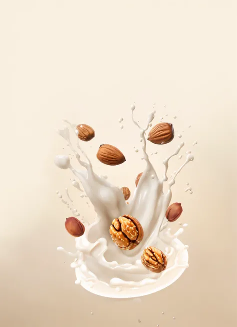 Alaphis falls into a splash of milk，There are nuts in it, high quality topical render, cg art, flowing milk, highly detailed composition,