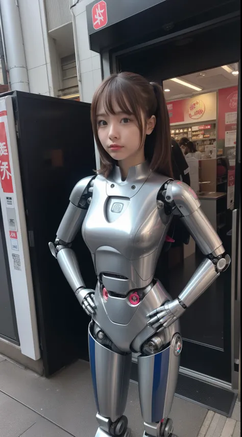 robot girl, pink there, Silver, Metallic body, Robot Parts, Metal Parts, Super Detailed Face, Super well-formed face, of the highest quality, a small face, a small head, Brown hair, slender body, Camera gaze, Internal Mechanical Exposure, Idol, Well-propor...