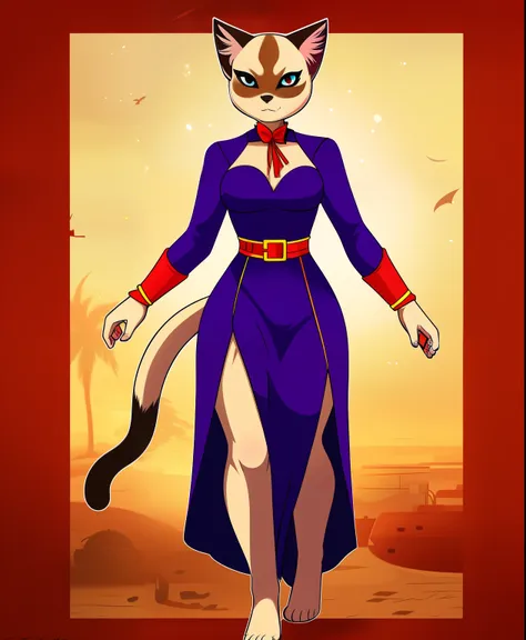 jigsaw the female siamese cat supervillain, cat themed dress, full body view