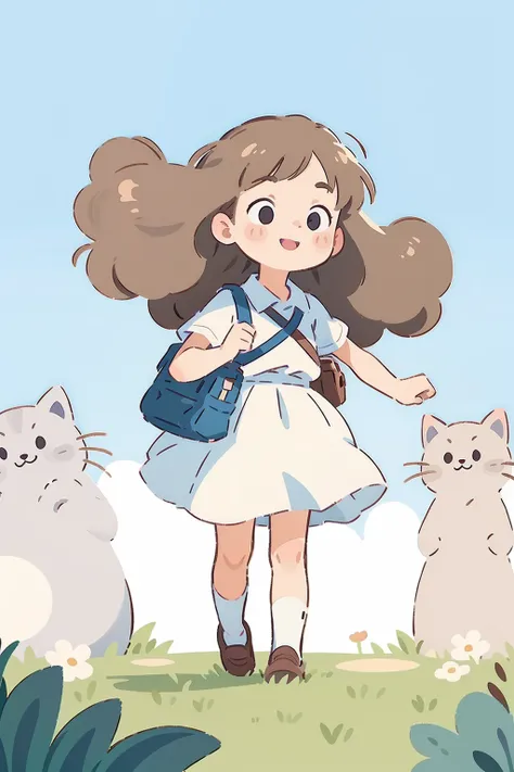 girl, long hair, round face, big eyes, long white skirt, smile, schoolbag, skirt blowing in the wind, a cat, spring, panorama, f...