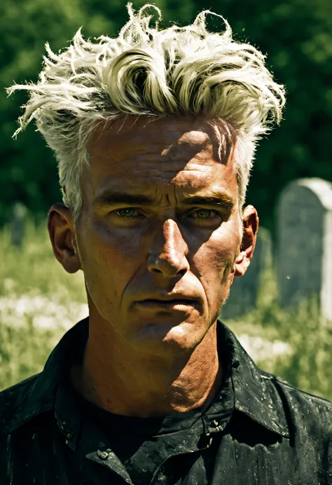 Photograph, hefty Amish Male Grave robber, the Grave robber is Figurative Art, White hairstyle, Messy hair, Summer, Glitchcore, spotlit, still, Phase One XF IQ4 150MP, F/14, Hypersaturated, Rust flakes, gilded technique