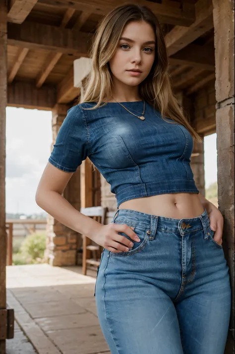 blonde girl, 23 years old, cowboy dress, wearing jeans