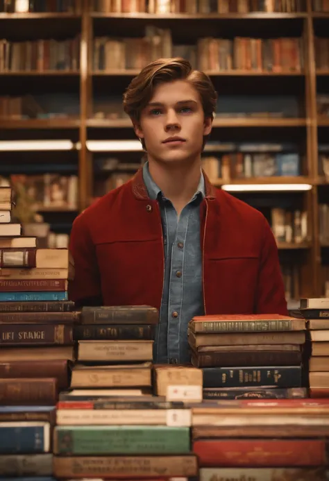 A photo of Nathan at a vintage book store, angrily flipping through a stack of books,Life is Strange video game series,Nathan is a teenage boy with blue eyes, slicked back light brown hair, light freckles, wears a red letterman jacket, mean expression