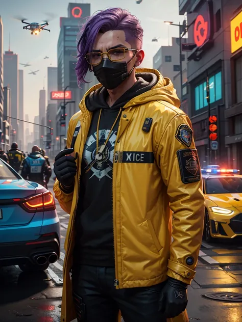 A man in a yellow mask and hood and very shiny gold glasses and purple hair with a scratch on his face and dressed in a yellow coat and red shower and with orange technological gloves and very serious looking at the viewer in a futuristic street square cyb...