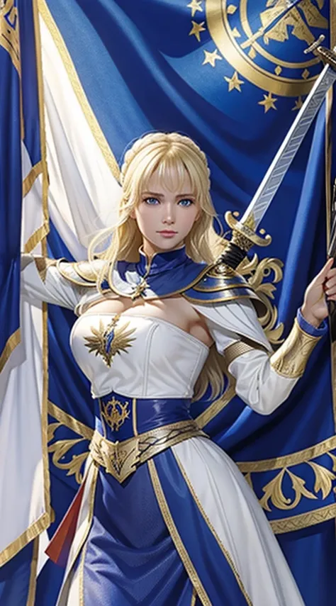 A blonde caucasian woman wearing medieval European armor stands with a sword in one hand、A peerless beauty with a slender yet well-proportioned body、A flag with a coat of arms is flying