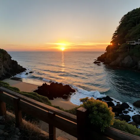 sunset on the sea，There are wooden fences and rocky outcrops., With the setting sun, looking out at a sunset, The most beautiful sunset, Looking at the sunset, It&#39;s sunset now, At sunset, late sunset, watching the sunset, In the beautiful sunset, sunse...