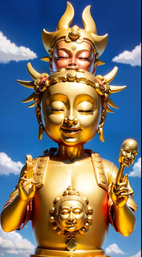 masutepiece, Best Quality, hight resolution,Fantastic,Upper body,1 old god men,Seven lucky gods,benzaiten,daikokuten,Buddhist statue sculpture, Bald, Smile, shining background,Halo,golden colors,Golden kimono,Japanese dress,Clothes,sacredness,Smiling face