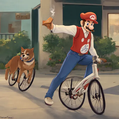 Mario rides a unicycle, smokes a cigar and chases a dog